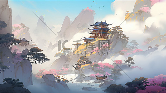 手绘水彩风背景插画图片_古典中国风山水手绘插画梦幻古风背景