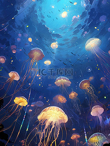 蓝色大海海底插画图片_水下世界彩色水母的海洋5