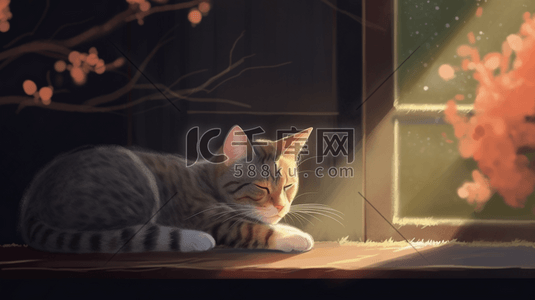 阳光下睡梦中的可爱猫咪插画2