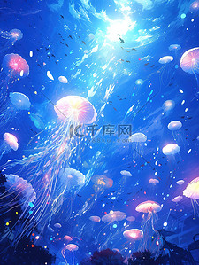 蓝色大海海底插画图片_水下世界彩色水母的海洋13