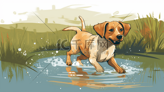 狗狗卡通插画图片_可爱的狗狗在池塘玩耍