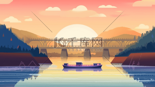 唯美夕阳下的跨海大桥插画4