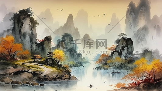 水墨古风山水插画图片_中国风山水水彩泼墨古风背景