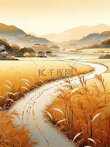 丰收的稻田插画图片_金黄色的稻田丰收白露节气5