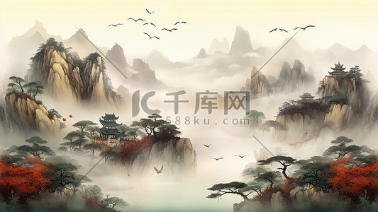 大气建筑背景插画图片_中国风山水水彩泼墨古风国画背景