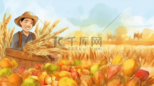 唯美金色小麦瓜果丰收的季节插画1