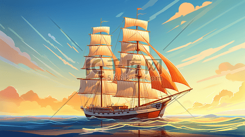 行驶在海上的卡通帆船插画3