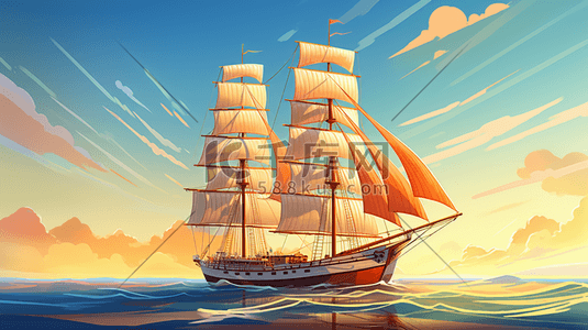 海上航行插画图片_行驶在海上的卡通帆船插画3