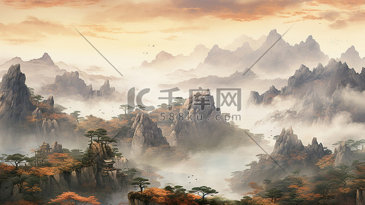 大气大气背景插画图片_中国风复古山水水彩国画古风背景