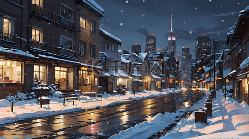 深夜正在下雪的城市街道