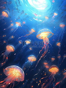 蓝色大海海底插画图片_水下世界彩色水母的海洋1