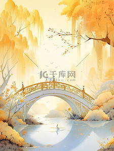 古老的村民插画图片_白露节气古老拱桥秋色的树木白鹭13