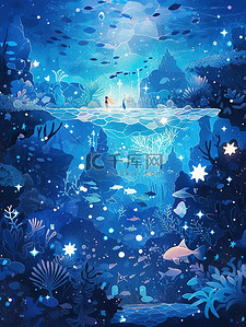 梦幻海洋世界插画图片_神秘的水下星空珊瑚礁海洋生物8