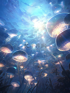 蓝色大海海底插画图片_水下世界彩色水母的海洋7