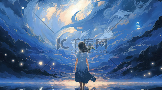 星辰大海插画图片_一个女孩梦幻星辰大海插画1