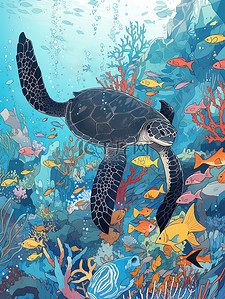 海龟插画图片_美丽的海底世界海洋生物插画1