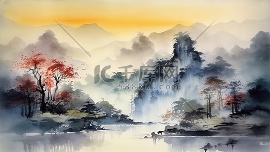 中泼墨插画图片_中国风大气山水水彩泼墨古风背景