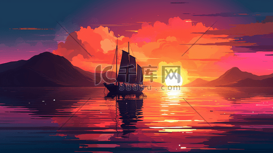 红色唯美夕阳下的风景插画2