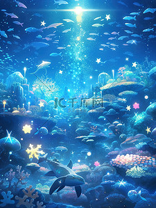 梦幻海洋世界插画图片_神秘的水下星空珊瑚礁海洋生物5