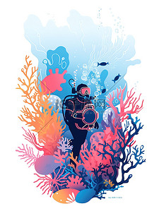 勇敢的人插画图片_一名潜水员勇敢地潜入海底5