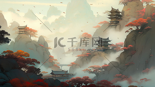 水墨大气插画图片_古典中国风山水手绘插画大气古风背景