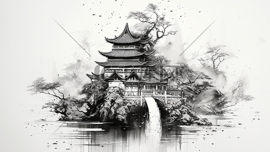 黑白水墨背景插画图片_手绘中国风山水古建古风背景