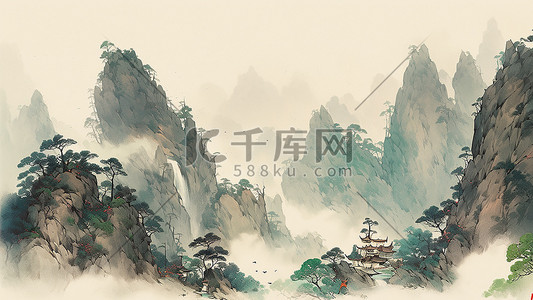 中国风山水水彩国画古风背景