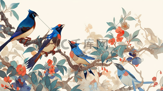 彩色唯美枝头上的小鸟水彩插画1