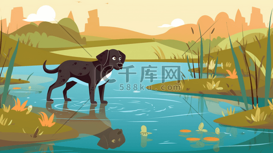 可爱的狗狗在池塘玩耍