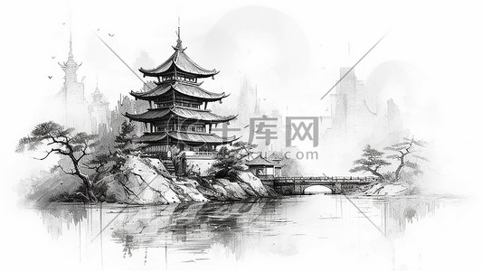 古风黑白建筑插画图片_中国风山水泼墨手绘古风背景