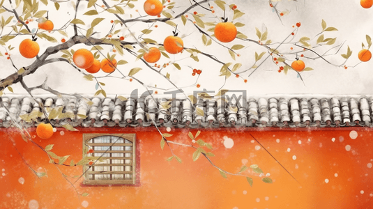 枝干插画图片_墙头外的柿子树霜降节气插画11