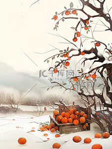 柿子树插画图片_中国节气霜降霜冻小雪的柿子树1