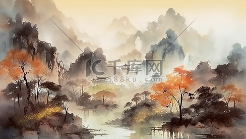 中国风复古山水水彩泼墨古风背景