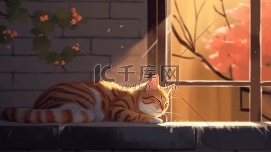 阳光下睡梦中的可爱猫咪插画1