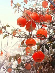 秋天的水果插画图片_秋天丰收成熟的柿子17