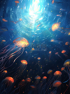 蓝色大海海底插画图片_水下世界彩色水母的海洋3