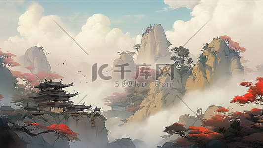 大气建筑背景插画图片_中国风水彩山水古风背景