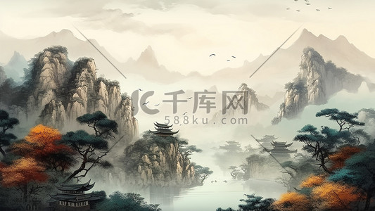 彩色大气中国风插画图片_中国风山水彩色泼墨国画古风背景