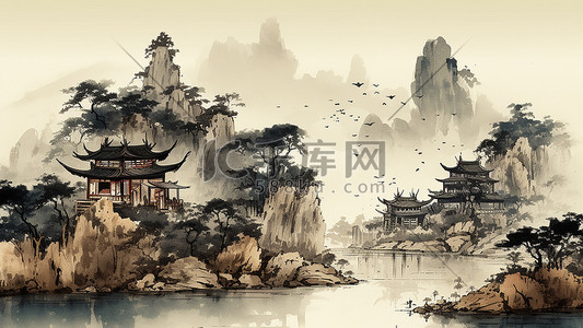 中国风复古水墨插画图片_复古中国风山水水彩泼墨国画古风背景