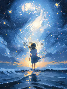 在大海插画图片_一个女孩在星空前故事书般的插图1