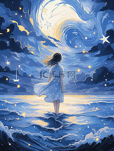 梦幻漩涡插画图片_一个女孩在星空前故事书般的插图6
