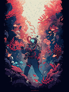 勇敢的人插画图片_一名潜水员勇敢地潜入海底10