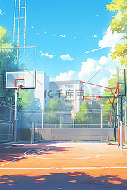 校园篮球场动漫手绘插画背景