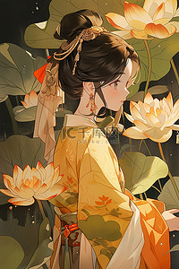 国潮古风美少女插画图片_中国风插画荷花人物