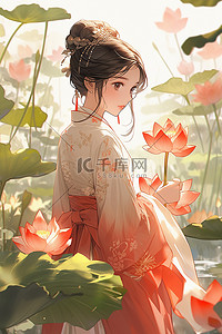 少女风人物插画图片_国潮中国风荷花人物