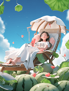 吃西瓜的女孩插画图片_夏日躺椅上吃西瓜的女孩大暑节气插画3