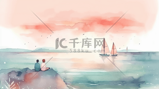卡通唯美沙滩上的情侣七夕情人节插画1