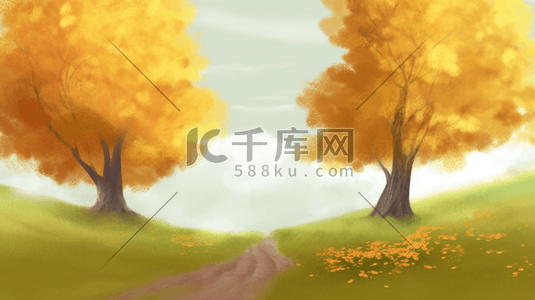 叶子变黄变红变褐插画图片_金黄色秋季草地风景插画3