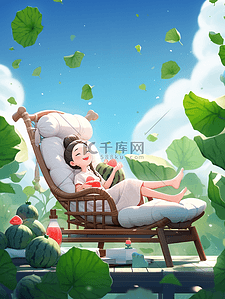 降暑解渴插画图片_夏日躺椅上吃西瓜的女孩大暑节气插画1