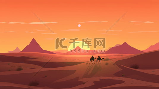 绿洲的沙漠插画图片_唯美夕阳下的沙漠骆驼风景插画6